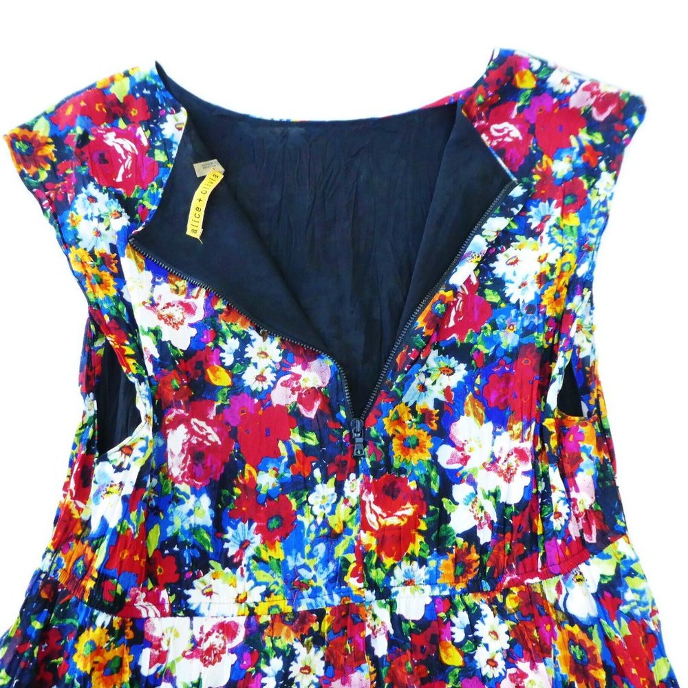 Alice & Olivia Matilda Dress Mini Vibrant Floral Bouquet Silk Boat Neck Pleated - Picture 7 of 14